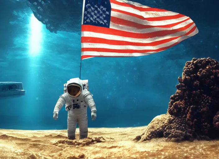 Image similar to astronaut underwater putting a flag in the sand of the bottom of the ocean. there is a futuristic submarine in the background. dark, concept art, cinematic, dramatic, atmospheric, 8 k, trending on artstation, low visibility, zack snyder