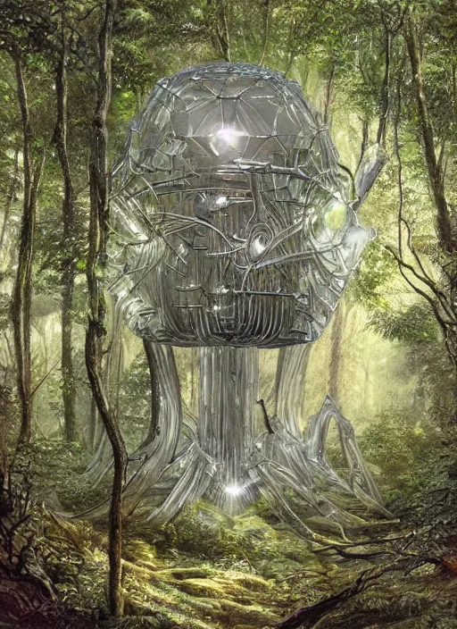 Prompt: a crystal cube in a forest, highly detailed, intricate, concept art, art station, cinematic light, realistic, ethereal light, art by H.R. Giger and sorayama