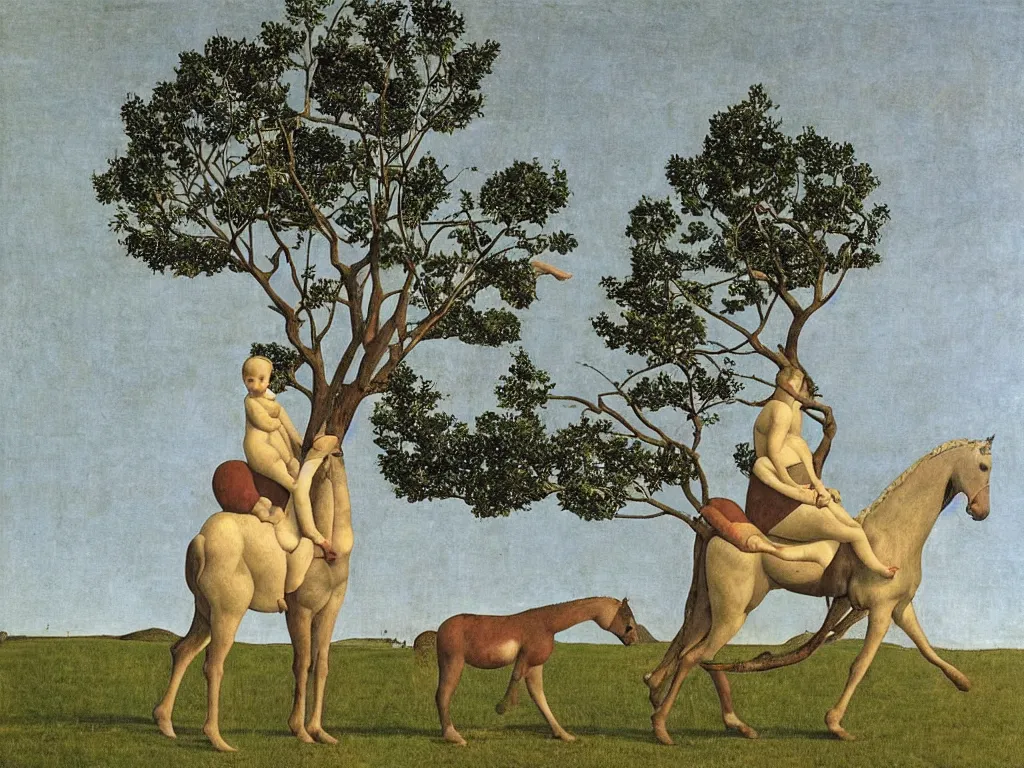 Prompt: Horse carrying tree. Baby on the ground. Painting by Alex Colville, Piero della Francesca