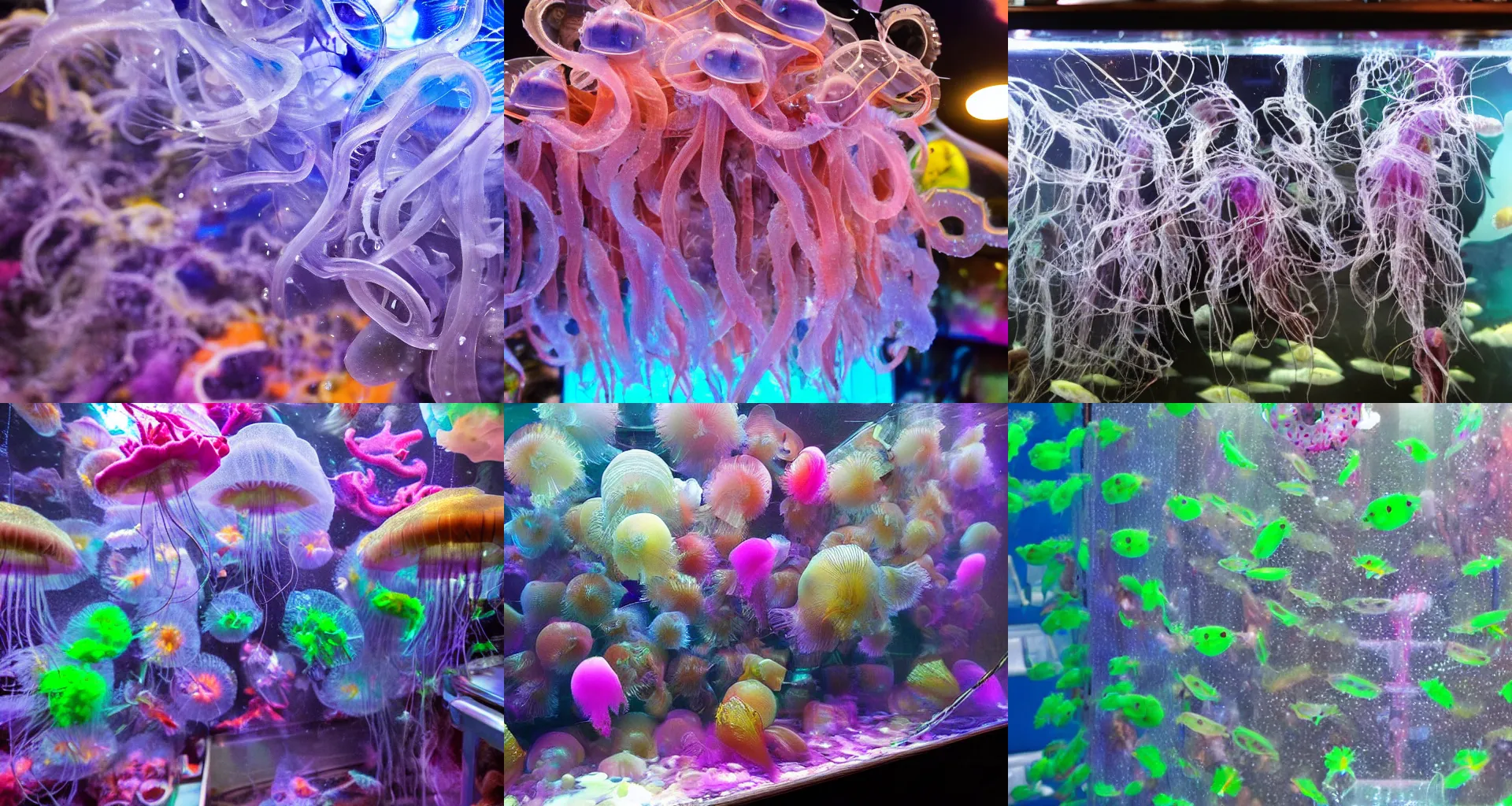 Prompt: a swarm of jellyfish inside a claw machine, aquarium claw machine, closeup photo