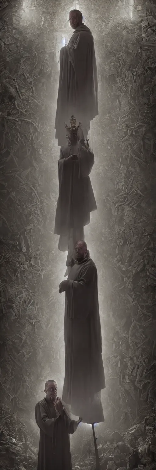 Image similar to a highly realistic and detailed full Priest standing in a dark dirty basement holding a rosary, wide angle 70mm lens, volumetric haze, front facing camera, symmetrical, photorealistic, insanely detailed and intricate, epic, hyper realistic, elegant, ornate, elite, horror, creepy, ominous, haunting, cinematic lighting, unreal engine, cinematic centered camera, high detail, no blur, unreal engine 8k