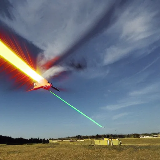 Image similar to giant laser aiming at a airplane