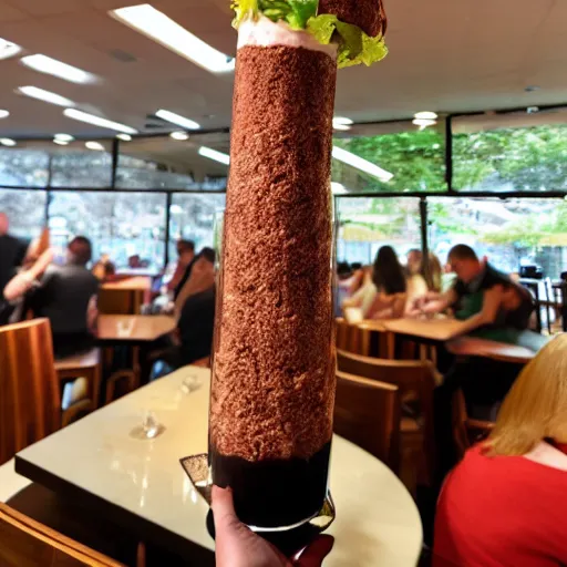 Prompt: 6 ft tall parfait in restaurant, surrounded by customers, flash photography