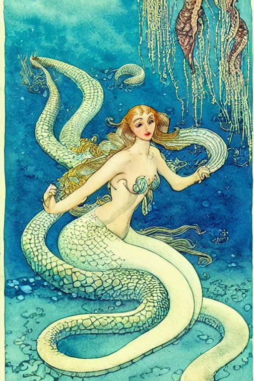 Prompt: woman with two eel tails for legs underwater, fantasy art, little mermaid fairytale, art by hans zatzka and walter crane and kay nielsen, watercolor illustration,