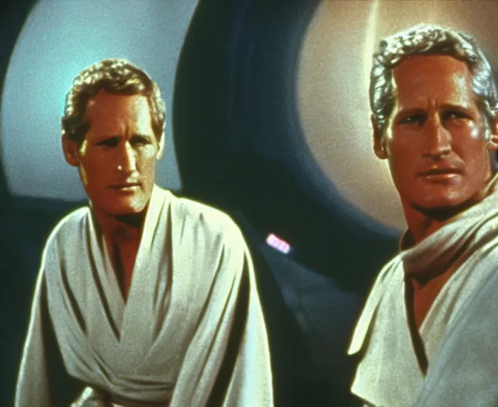 Prompt: a still of paul newman in star wars ( 1 9 7 7 ), 4 k, hi - res