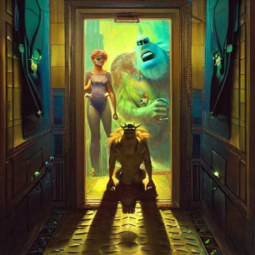 Image similar to portrait of sulley from monsters inc in front of room door. shadowrun cyberpunk fantasy d & d painting by gaston bussiere craig mullins jc leyendecker gustav klimt artgerm greg rutkowski john berkey, bergey, craig mullins, ruan jia, raymond swanland, tom lovell