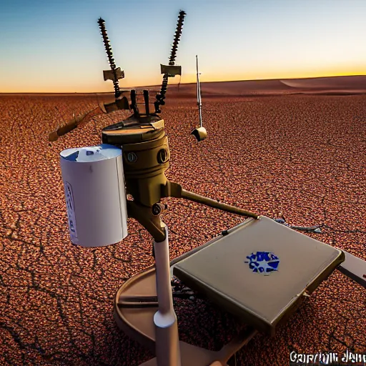 Prompt: peaceful mobile camoflaged rugged weather station sensor antenna on tank treads, for monitoring the australian desert, XF IQ4, 150MP, 50mm, F1.4, ISO 200, 1/160s, dawn