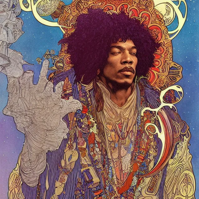 Prompt: artwork by Franklin Booth and Alphonse Mucha showing a portrait of Jimi Hendrix as a futuristic space shaman, Jimi Hendrix as a futuristic space shaman by Moebius