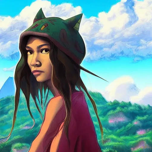 Image similar to “Zendaya, portrait!!! Mononoke-hime style, cartoon, blue sky with white clouds green hills and mountains on the background, fantasy, photorealistic, concept Art, ultra detailed portrait, 4k resolution”