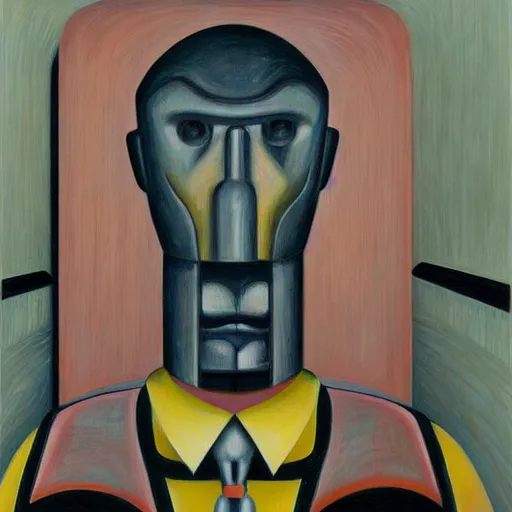 Image similar to brutalist giant sacred robot visage, portrait, cathedral, dystopian, pj crook, edward hopper, oil on canvas