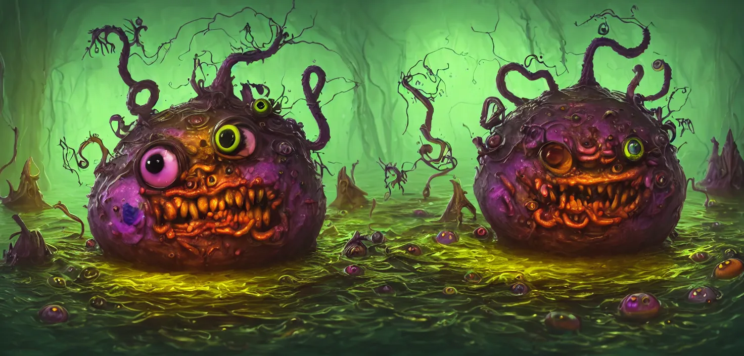 Prompt: intricate colourful murky witch cauldron with strange cute friendly angry crazy creatures with huge two eyes long tongue triangle teeth and scary face appearing from the water, in the style of craola, macro lens, shallow depth of field, highly detailed, digital painting, trending artstation, concept art, illustration, cinematic lighting, vibrant colors, photorealism, epic, octane render