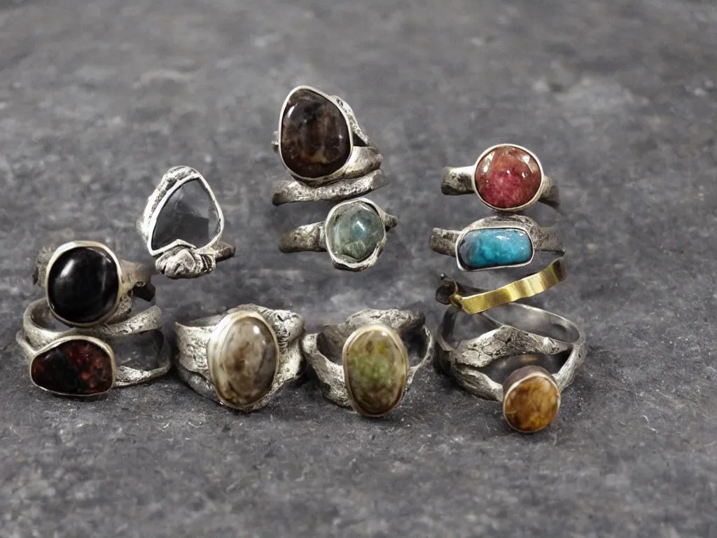 Prompt: innovative rustic hand made rings hand crafted from silver and brass and natural gemstones