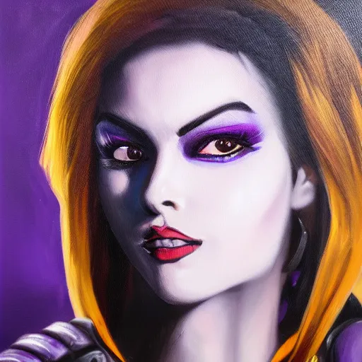 Image similar to oil painting of widowmaker from overwatch in the desert, black and purple jacket, beautiful face, detailed eyes, very detailed face, feminine face, full body