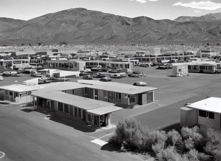 Prompt: a midcentury modern motel in reno nevada in the year 1 9 6 7