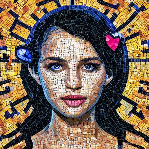Image similar to portrait mosaic of a beautiful cute girl with robot ears and eyes, 4k, intricate details, digital, sun in the background