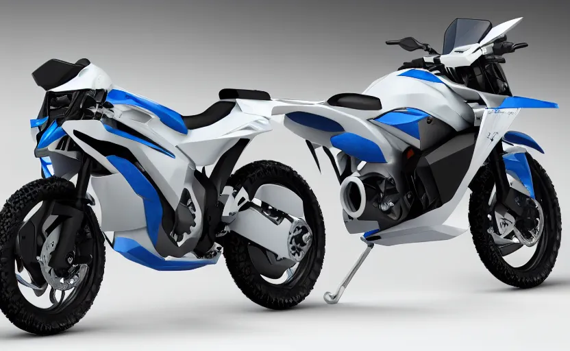 Prompt: futuristic suzuki, dakar motorbike, designed by professional artist, fog, industrial design, northen lights background, brushed white and blue paint, black wheel rims, hard surfaces modelling, show room scene, dramatic lighting, hyper realistic rendering, octane, depth of field, bokeh effect, 1 5 0 mm, 4 k