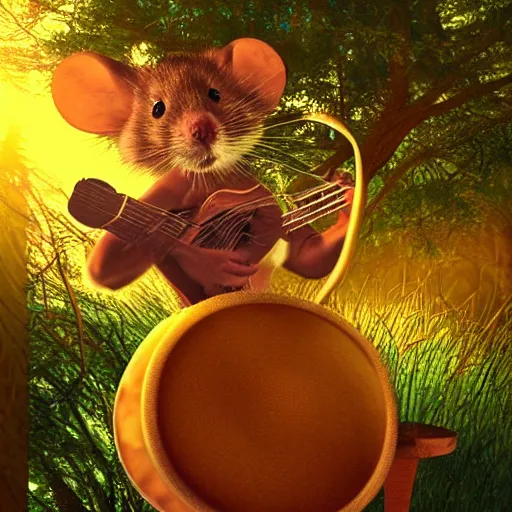 Prompt: musician mouse with drum, fantasy forrest, golden hour, digital art, medium shoot