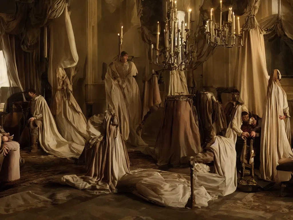 Prompt: stills from Robert Eggers' new film about Napoleon, cinematography by Andrei Tarkovsky, renaissance art style, surreal aura, dreamlike atmosphere, cinematic photography, 35mm, 4:3, highly detailed