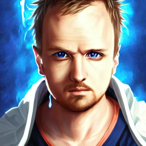 Image similar to portrait of jesse pinkman as the user of blue flames, anime fantasy illustration by tomoyuki yamasaki, kyoto studio, madhouse, ufotable, trending on artstation