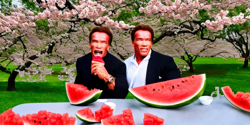 Image similar to photo, arnold schwarzenegger eats watermelon, japanese kimono, under sakura tree