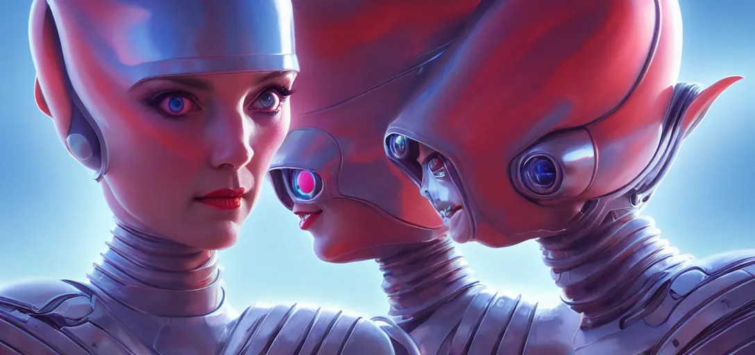 Prompt: face of a cute alien girl wearing shiny plastic armor in the style of roger dean and alberto vargas and stefan kostic, realistic, photoreal, sharp focus, 8 k high definition, insanely detailed, intricate, elegant, art by greg rutkowski and artgerm, extreme blur coral reef background