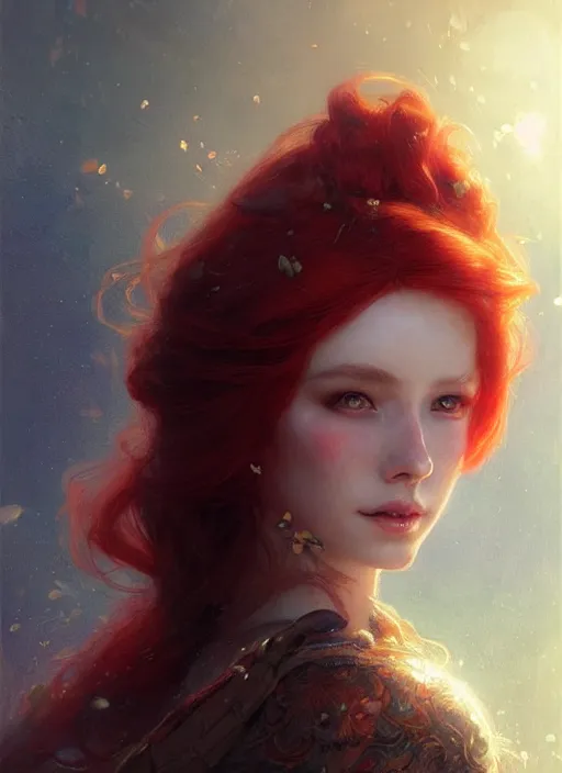 Prompt: portrait of a red haired princess, digital art by artgerm and greg rutkowski, gaston bussiere, sakimi chan and android jones and karol bak, cinematic lighting, trending on artstation, volumetric dust, intricate, elegant