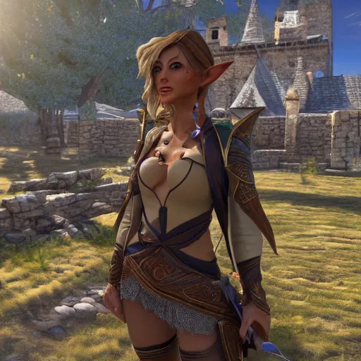 Image similar to texan sun elf jovially stops you from leaving a tavern, cinematic, fantasy, fit, 4 k, highly detailed