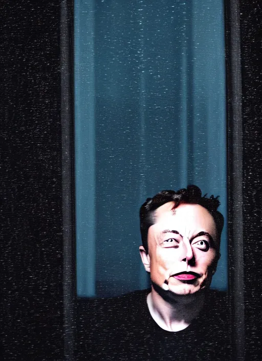 Image similar to dark photo of dark blue rainy bedroom window at night, dimly lit creepy face of elon musk staring in through the window, horror, scary face,