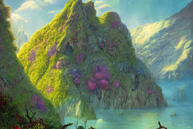 Image similar to digital painting of a lush natural scene on an alien planet by gerald brom. digital render. detailed. beautiful landscape. colourful weird vegetation. cliffs and water.