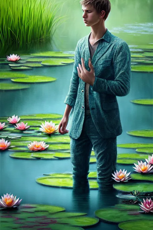 Prompt: light teal portrait of a young man in the rain on pond with waterlilies, fantasy, intricate, elegant, dramatic lighting, emotionally evoking symbolic metaphor, highly detailed, lifelike, photorealistic, digital painting, artstation, concept art, smooth, sharp focus, illustration, art by John Collier and Albert Aublet and Krenz Cushart and Artem Demura and Alphonse Mucha