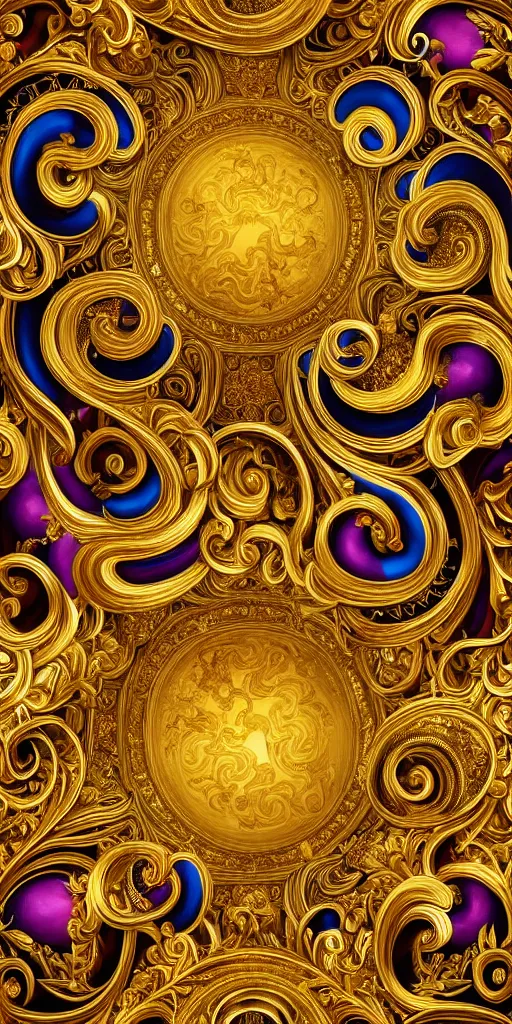 Image similar to the source of future growth dramatic, elaborate emotive Golden Baroque and Rococo styles to emphasise beauty as a transcendental, seamless pattern, symmetrical, large motifs, sistine chapel ceiling, 8k image, supersharp, spirals and swirls, Gold black and rainbow colors, perfect symmetry, 3D, no blur, sharp focus, photorealistic, insanely detailed and intricate, cinematic lighting, Octane render, epic scene, 8K