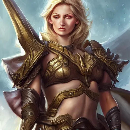 Image similar to a ruthless female paladin, full body, 8 k, hyperrealistic, dragon slayer, hyperdetailed, fantasy portrait by laura sava