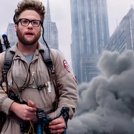 Image similar to awe inspiring Seth Rogen playing a Ghostbuster in a still from the movie Ghostbusters 8k hdr
