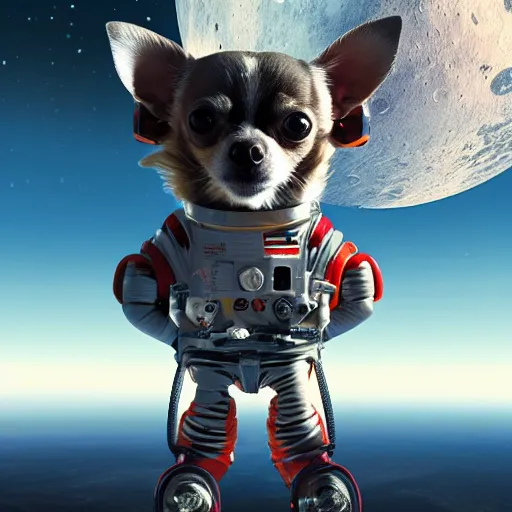 Image similar to Chihuahua cyborg on the moon, space base, mechanical, celestial background, octane, 4k, hyper realism, sharp focus