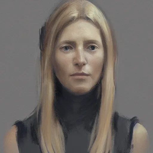 Image similar to Portrait of a woman by Greg Rutkowski, she is about 40 years old, pretty, blond hair with two strans around her face, slavic features, melancholic gaze, pretty aquiline nose, stressed but loving and affectionate mother vibes, she is wearing a black and white utilitarian jumpsuit, highly detailed portrait, digital painting, artstation, concept art, smooth, sharp foccus ilustration, Artstation HQ.