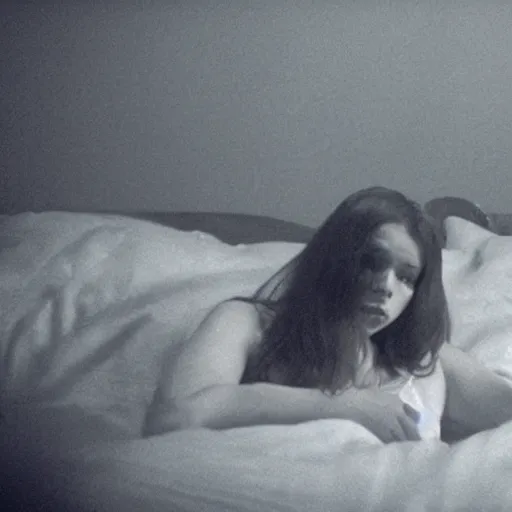 Prompt: movie still of a girl and a demon sleep paralysis, cinematic composition, cinematic light, criterion collection, by edgar wright and edgar allan poe