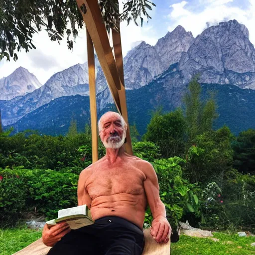 Image similar to my older italian wise friend on a hammock, reading new book, gravity is strong, he is very relaxed, muscular legs, bouncy belly, mountains in a background