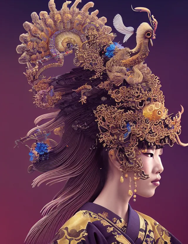 Image similar to 3 d goddess close - up profile portrait with crown, ram skull. beautiful intricately detailed japanese crow kitsune mask and clasical japanese kimono. betta fish, jellyfish phoenix, bio luminescent, plasma, ice, water, wind, creature, artwork by tooth wu and wlop and beeple and greg rutkowski