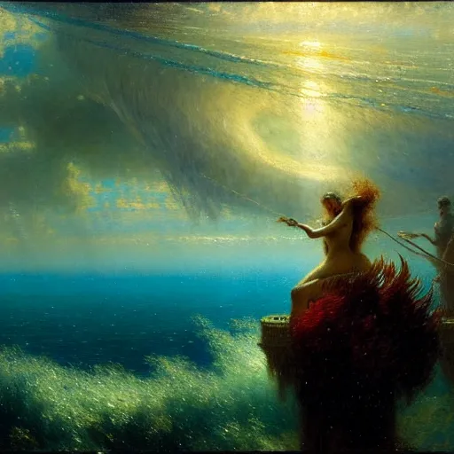 Prompt: point of view of deep in the ocean looking up, you see fishes, higher the milk way, night time, midnight. highly detailed painting by gaston bussiere, greg rutkowski 8 k