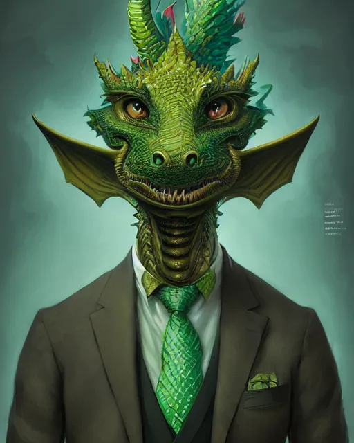 Image similar to anthropomorphic art of a businessman dragon, green dragon, portrait, victorian inspired clothing by artgerm, victo ngai, ryohei hase, artstation. fractal papers and books. highly detailed digital painting, smooth, global illumination, fantasy art by greg rutkowsky, karl spitzweg