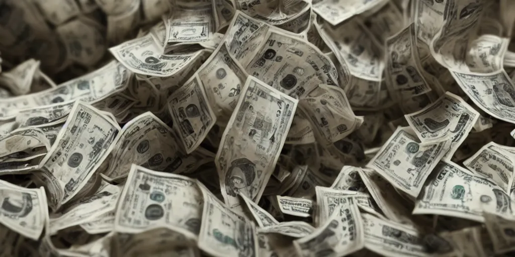 Prompt: a film still of cash money piling up in a vault, shallow depth of field, cinematic, award winning cgi, vfx, film still cfg _ scale : 2 4. 0