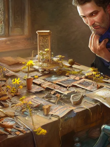 Image similar to a magical male socerer, working in a table full of artifacts. weeds anf flowers growing on the floor. intricate, elegant, highly detailed, digital painting, artstation, concept art, sharp focus, illustration, by justin gerard and artgerm, 8 k