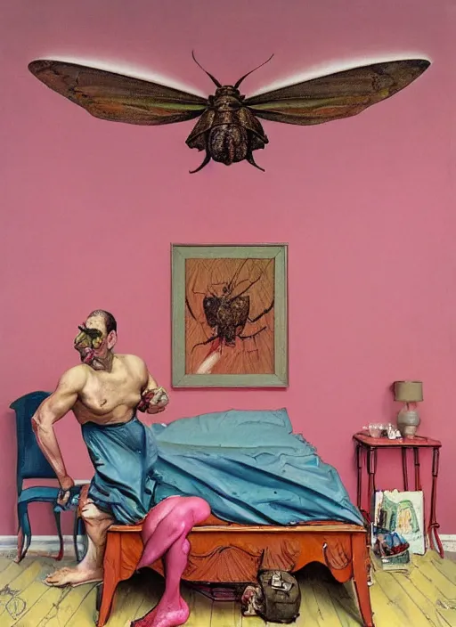 Prompt: realistic detailed image of a large moth man in a pink bedrooml in the style of Francis Bacon, Surreal, Norman Rockwell and James Jean, Greg Hildebrandt, and Mark Brooks, triadic color scheme, By Greg Rutkowski, in the style of Francis Bacon and Syd Mead and Edward Hopper and Norman Rockwell and Beksinski, open ceiling, highly detailed, painted by Francis Bacon, painted by James Gilleard, surrealism, airbrush, Ilya Kuvshinov, WLOP, Stanley Artgerm, very coherent, art by Takato Yamamoto and James Jean