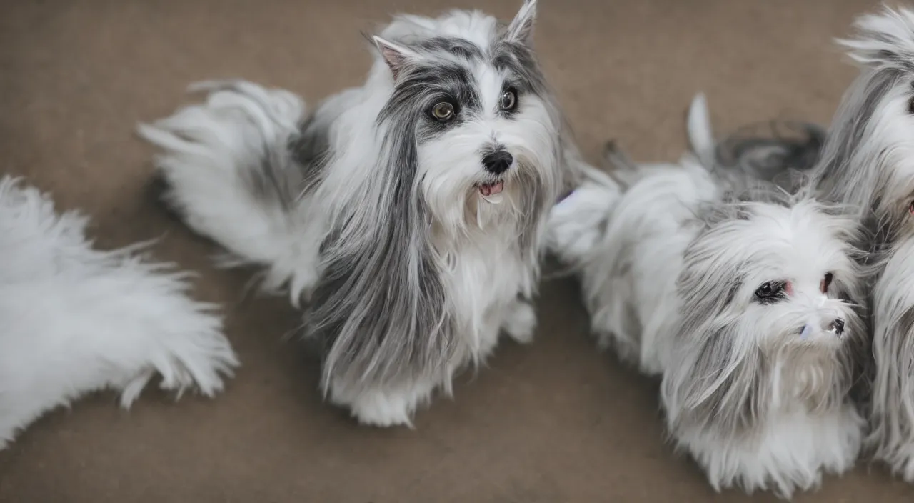 Prompt: gray long haired cat and white maltese dog 5 5 mm photography detailed footage