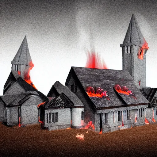 Prompt: horrifying 3d render of a homunculi with human features charging down a hill of a burning small town a white wooden church is in the distance, bloody, by wes craven, 35mm film stock