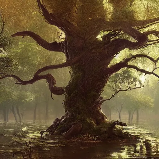 Prompt: 🍺💪🚶‍♂️🌳 a beautiful living tree in the middle of a swamp, digital Art, Greg rutkowski, Trending artstation, cinematic