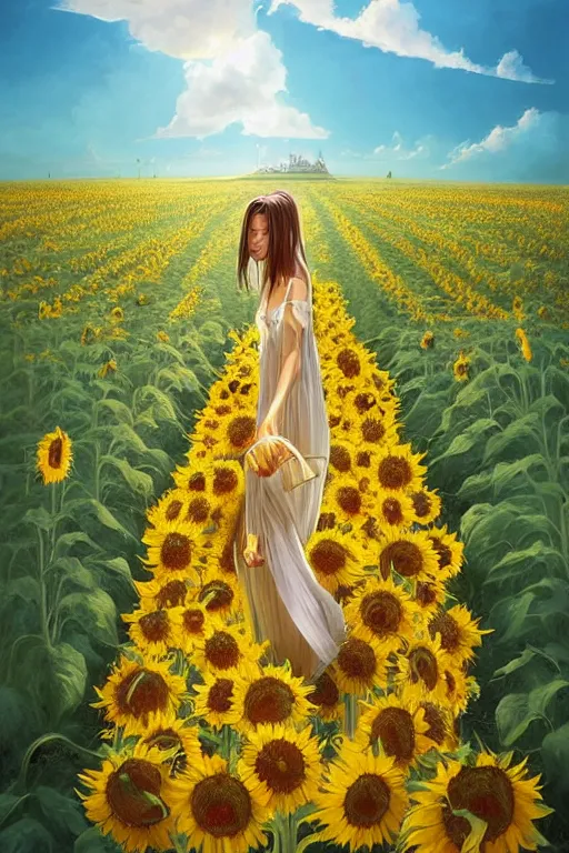 Image similar to a girl in really long dress slowly walking through amazing tall sunflower field, hair flowing, fanart, by concept artist gervasio canda, behance hd by jesper ejsing, by rhads kuvshinov, rossdraws global illumination radiating a glowing aura global illumination ray tracing hdr render in unreal engine 5, tri - x pan stock, by richard avedon