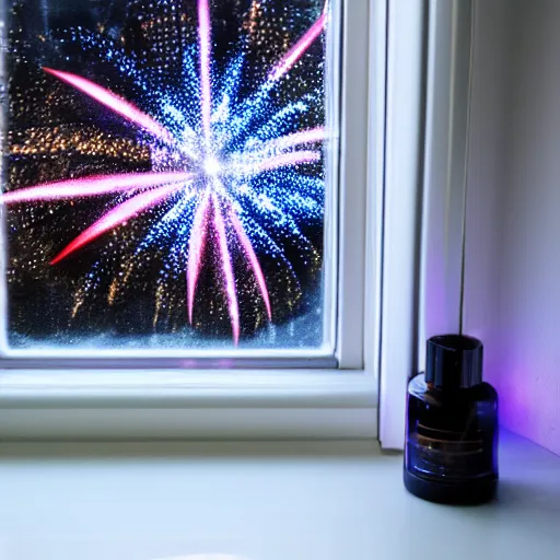 Prompt: perfume bottle on the window sill with fireworks and stars in the background