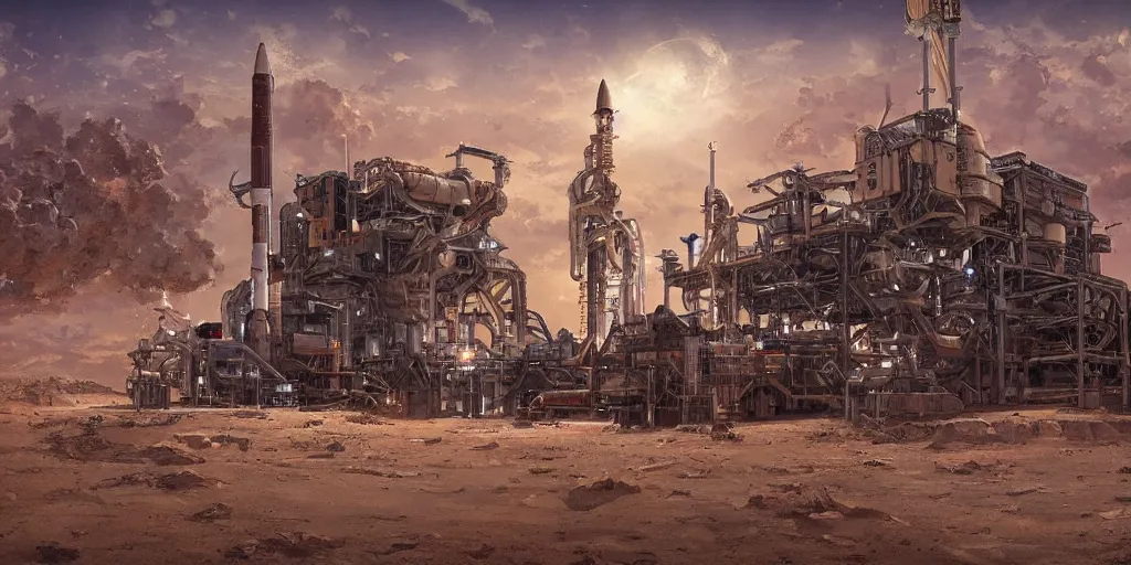 Image similar to anime spaceport rocket launch site in desert steampunk key by greg rutkowski ultrahd fantastic details