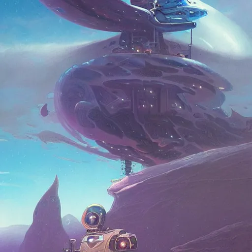 Prompt: a very special spaceship landing in a far away universe, by Moebius and Peter Mohrbacher